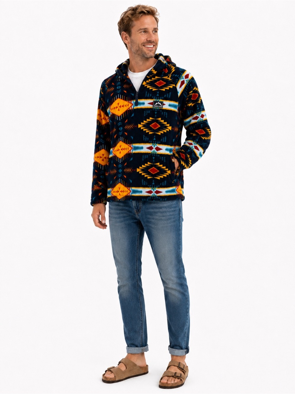 Men's Massive Outdoor Aztec Print Fleece Hoodie Jacket - Navy & Gold